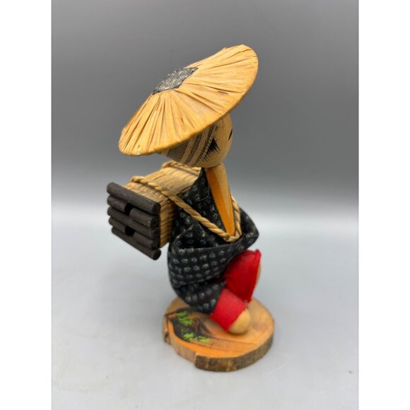 Vtg‎ Handcrafted Japanese Kokeshi Doll Wood Carrying Straw on Back Farm Girl - Picture 3 of 6